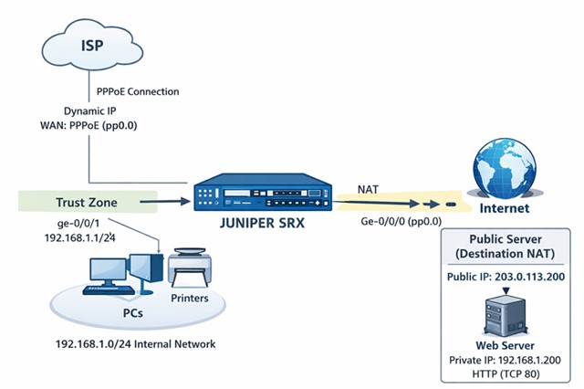 Tổng hợp cấu hình cơ bản Juniper SRX: PPPoE, NAT, DHCP và Public Server